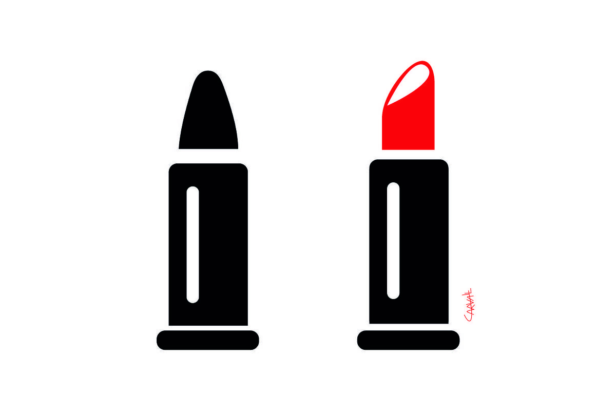 Ilustração vetorial em preto e vermelho de uma bala de revólver ao lado de um batom