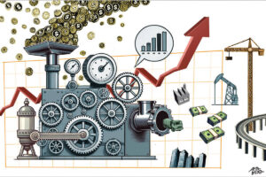 A ilustração de Amarildo, publicada na Folha de São Paulo em 2 de março de 2024, no formato horizontal, mostra uma grande máquina industrial composta por engrenagens interligadas, mostradores de pressão e um sistema mecânico complexo. No topo da máquina, há um funil por onde entram moedas douradas com o símbolo do cifrão ($). Ao fundo, um gráfico de linhas com uma curva vermelha ascendente representa crescimento econômico. Sobre a imagem, há um balão de fala contendo um gráfico de barras que também indica progresso. À direita da máquina, elementos da economia são simbolizados: fábricas, caminhões, pilhas de dinheiro e prédios altos saem por um tubo na frente da máquina. Além disso, há uma grua de construção, uma bomba de extração de petróleo e uma rodovia elevada, reforçando a ideia de desenvolvimento e infraestrutura. A ilustração usa cores metálicas para a máquina e tons esverdeados para os elementos financeiros e estruturais. No canto inferior direito, há a assinatura do