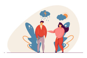 A ilustração mostra um homem e uma mulher em um ambiente estilizado. O homem, com uma expressão neutra, está vestido com uma camiseta vermelha e calças cinzas, enquanto a mulher, que está ao seu lado, usa uma blusa rosa e calças vermelhas. Ela está colocando a mão no ombro dele, sugerindo apoio emocional. Ao fundo, há elementos gráficos que representam clima, com nuvens, um raio e sol, simbolizando emoções contrastantes.