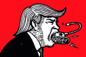 A imagem apresenta uma ilustração estilizada de um homem com cabelo característico, em um fundo vermelho. O homem está com a boca aberta, de onde sai um objeto que se assemelha a um hot dog, com um cabo ligado a ele. O desenho é em preto e branco, com detalhes que destacam o cabelo e a expressão facial. Há também elementos gráficos como raios saindo do objeto.