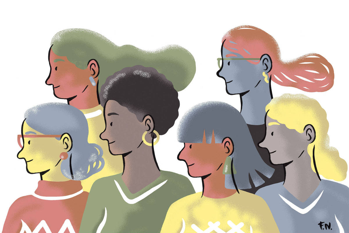 Ilustração de 6 mulheres de perfil com os rostos em direção ao lado esquerdo da imagem; 2 na metade superior e 4 na metade inferior. Elas sorriem e têm cabelos e tons de pele diversos.