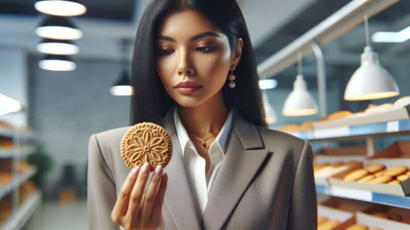 Um empresário examinando um biscoito.