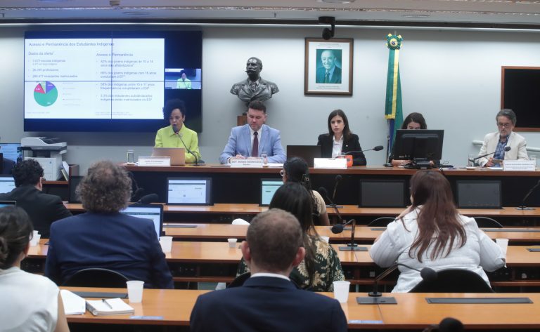 Audiência Pública - Educação escolar indígena, quilombola e do campo - Objetivo 8 PNE. Secretária de Educação Continuada, Alfabetização de Jovens e Adultos, Diversidade e Inclusão - Secretaria de Educação Continuada, Alfabetização de Jovens e Adultos, Diversidade e Inclusão do Ministério da Educação, Zara Figueiredo. Dep. Moses Rodrigues (UNIÃO-CE). Dep. Tabata Amaral (PSB-SP). Chefe do Núcleo de Assessoramento aos Estudos Educacionais do Instituto Nacional de Estudos e Pesquisas Educacionais Anísio Teixeira - INEP, Márcio Alexandre Barbosa Lima.