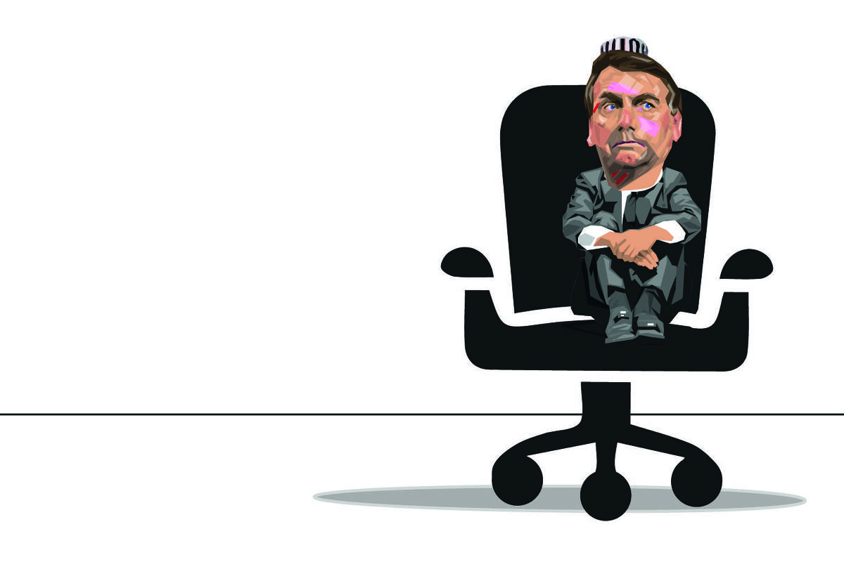 Um pequeno Bolsonaro sentado numa cadeira gigantesca.