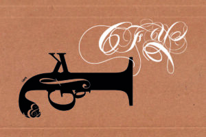 Imagem de uma arma formada por letras tipográficas pretas, de onde sai uma fumaça em letras brancas ornamentadas.