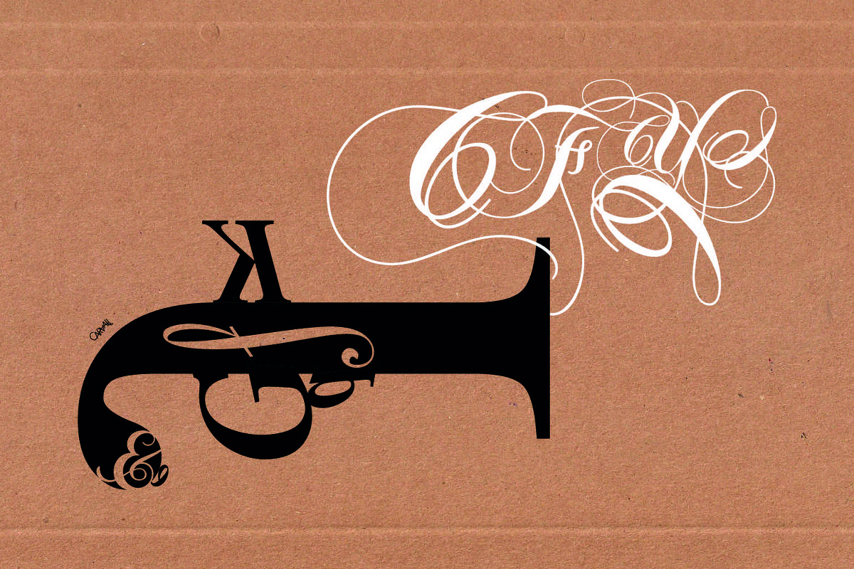 Imagem de uma arma formada por letras tipográficas pretas, de onde sai uma fumaça em letras brancas ornamentadas.