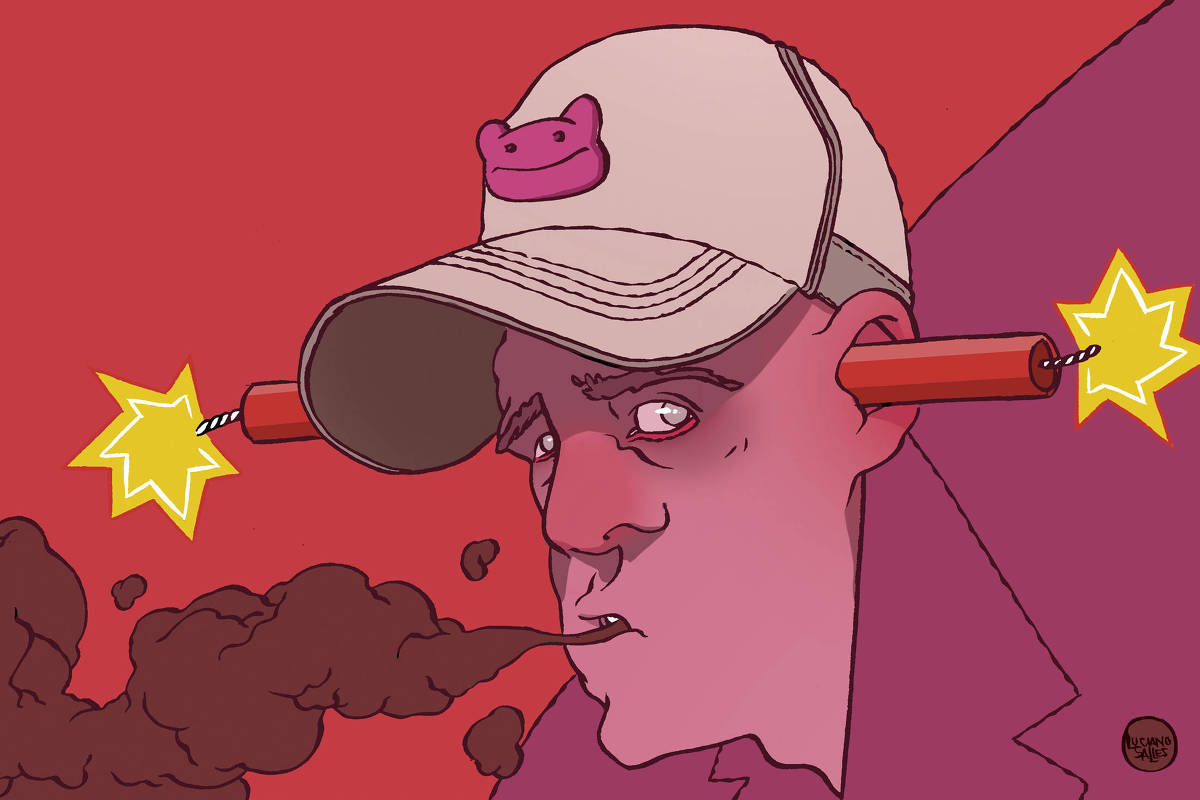 A ilustração de Luciano Salles, publicada na Folha de São Paulo no dia 15 de junho de 2025, mostra um homem de cor rosa, camisa roxa e que tem enfiado em casa orelha uma banana de dinamite e que estão com os pavios acessos. Pela boca dele sai uma fumaça também roxa. Ele usa um bone de cor carmim e olha desesperançoso para o leitor