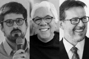 Montagem mostra três homens; um deles segura um microfone e os outros dois sorriem