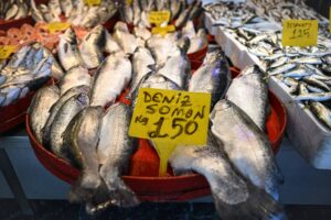 A imagem mostra uma variedade de peixes dispostos em bandejas em um mercado. Os peixes são de diferentes tamanhos e tipos, com destaque para alguns peixes maiores na frente. Há placas amarelas com preços, sendo uma delas que diz