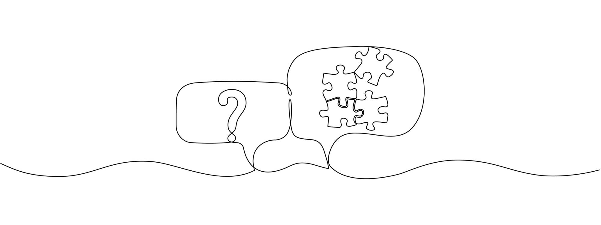 Illustration of a question mark and puzzle pieces in a speech bubble