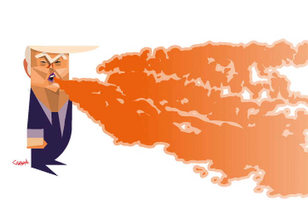 Caricatura de Donald Trump expelindo gás pela boca.