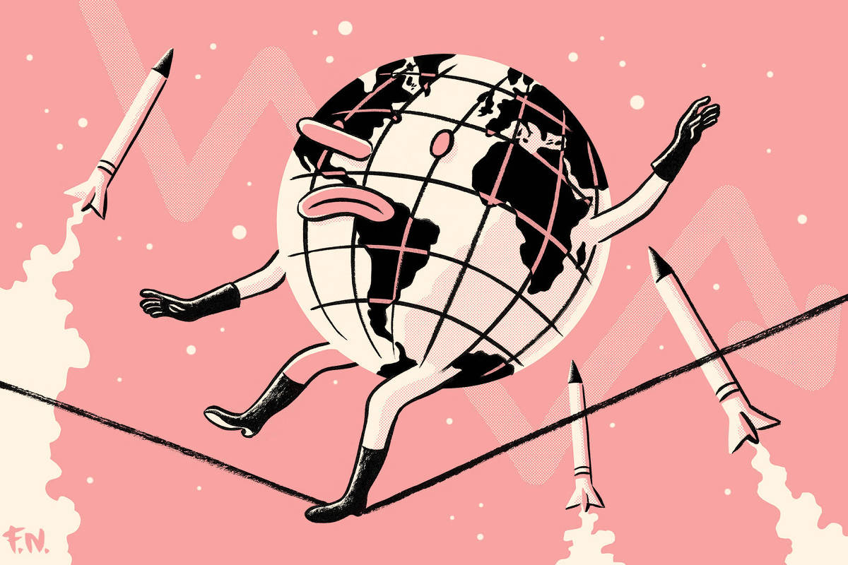 A imagem apresenta uma representação estilizada da Terra, com um rosto e pernas, caminhando sobre uma corda bamba. O fundo é rosa e há mísseis sendo lançados ao redor da Terra, que parece estar em uma situação de tensão. A arte é em estilo cartoon, com traços simples e cores contrastantes.