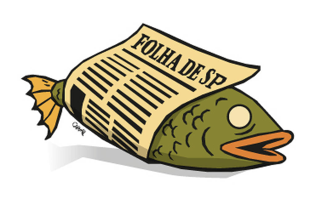 A imagem mostra um peixe estilizado envolto em um jornal. O jornal tem o título