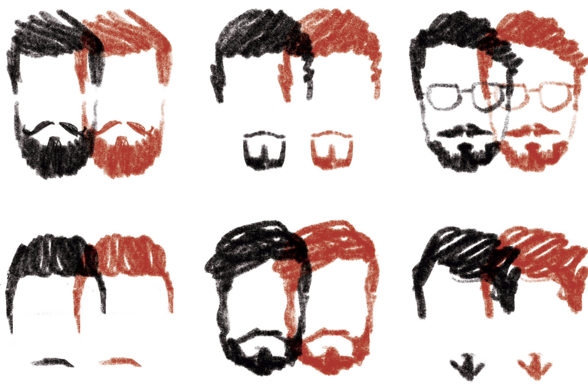 Template com modelo de 6 cortes de cabelo e barba, sem o resto do rosto, repetido em série em composição de cardápio.