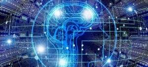Visualização de Inteligência Artificial combinando um esquema de cérebro humano com uma placa de circuito