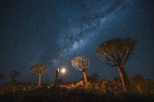 Man holding a lantern with the Milky Way in the background