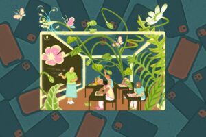 Illustration of a blooming classroom in a box that's surrounded by phones.