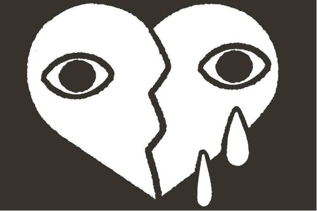 A imagem apresenta um coração partido, com duas metades que possuem olhos. De uma das metades, há uma lágrima escorrendo. O fundo da imagem é de cor escura, enquanto o coração e os olhos são representados em branco.