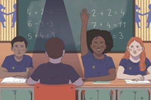 Illustration of classroom in which a shadow is cast on one student.