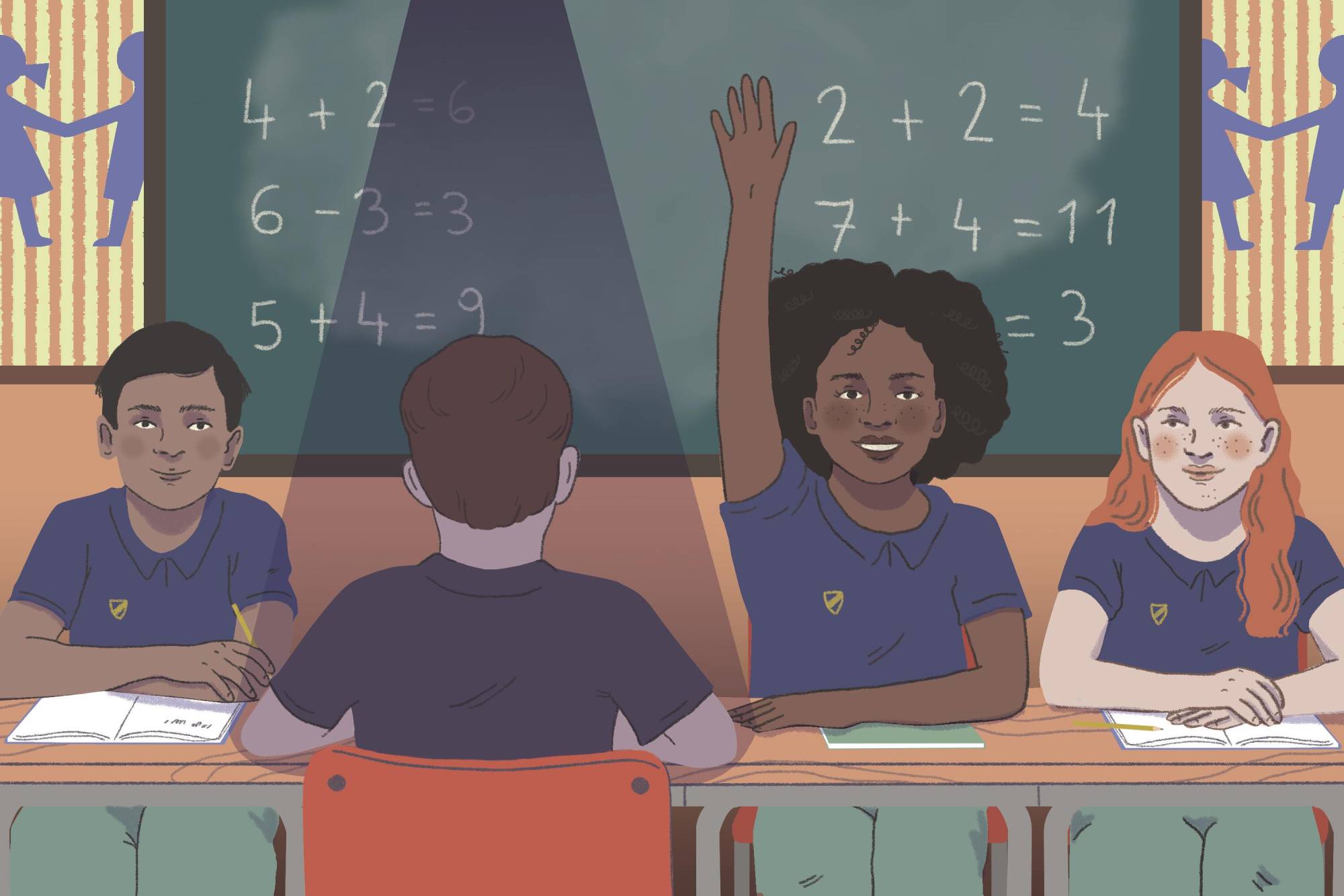 Illustration of classroom in which a shadow is cast on one student.