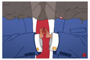 Duas pessoas vestindo ternos azuis com camisas brancas e abotoaduras douradas apertam as mãos em frente a uma gravata vermelha. A imagem mostra apenas os braços e as mãos, com detalhes nos punhos das camisas e nos botões dos ternos.