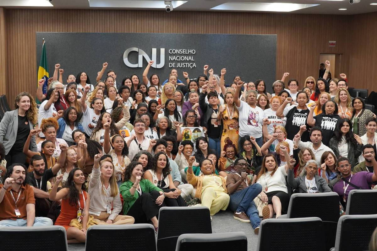 Cerca de 80 pessoas reunidas em auditório do Conselho Nacional de Justiça, muitas com punhos erguidos. Ambiente interno com parede de madeira e bandeira do Brasil ao fundo.