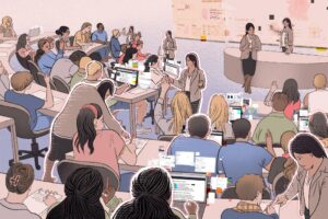 An illustration of a teacher standing in many places at once.