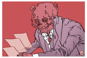 A ilustração de Luciano Salles, publicada na Folha de São Paulo no dia 16 de novembro de 2025, mostra o tronco de um homem de terno púrpura claro que está lendo uma carta. Veste camisa branca e segura esta folha de papel que multiplica em outras duas em direção ao rosto do leitor. A cabeça deste leitor é no formato de uma caveira que é feita de um fumaça de cor rosa da claro. O fundo da ilustração de de um fundo também rosa