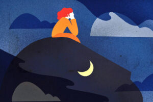 A imagem apresenta uma ilustração estilizada de uma pessoa sentada em uma rocha, com um fundo noturno. A figura tem cabelo vermelho e veste uma roupa laranja, enquanto observa o céu. O céu é predominantemente azul escuro, com nuvens em diferentes tons de azul e uma lua crescente amarela visível. A rocha em que a pessoa está sentada é de cor escura, e a cena transmite uma sensação de contemplação e tranquilidade.
