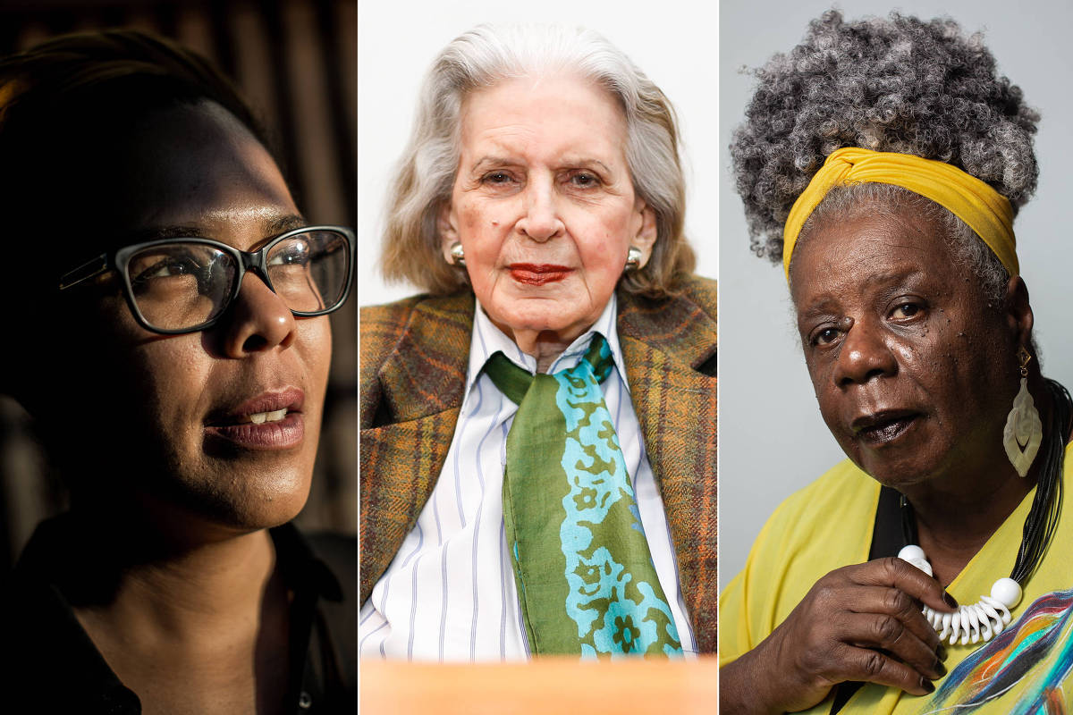 Três retratos lado a lado mostram mulheres distintas: à esquerda, mulher jovem com óculos e luz parcial no rosto; ao centro, mulher idosa com cabelo branco, blazer xadrez e gravata verde; à direita, mulher negra com cabelo grisalho preso por faixa amarela, usando brincos grandes e colar branco.