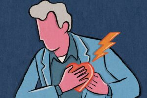 A ilustração mostra uma figura estilizada de pele rosa e terno azul, com expressão corporal de dor enquanto segura um coração vermelho no peito, de onde parte um raio laranja e amarelo que simboliza um ataque cardíaco. O fundo azul-escuro e o uso de cores vibrantes, contornos marcados e textura de papel