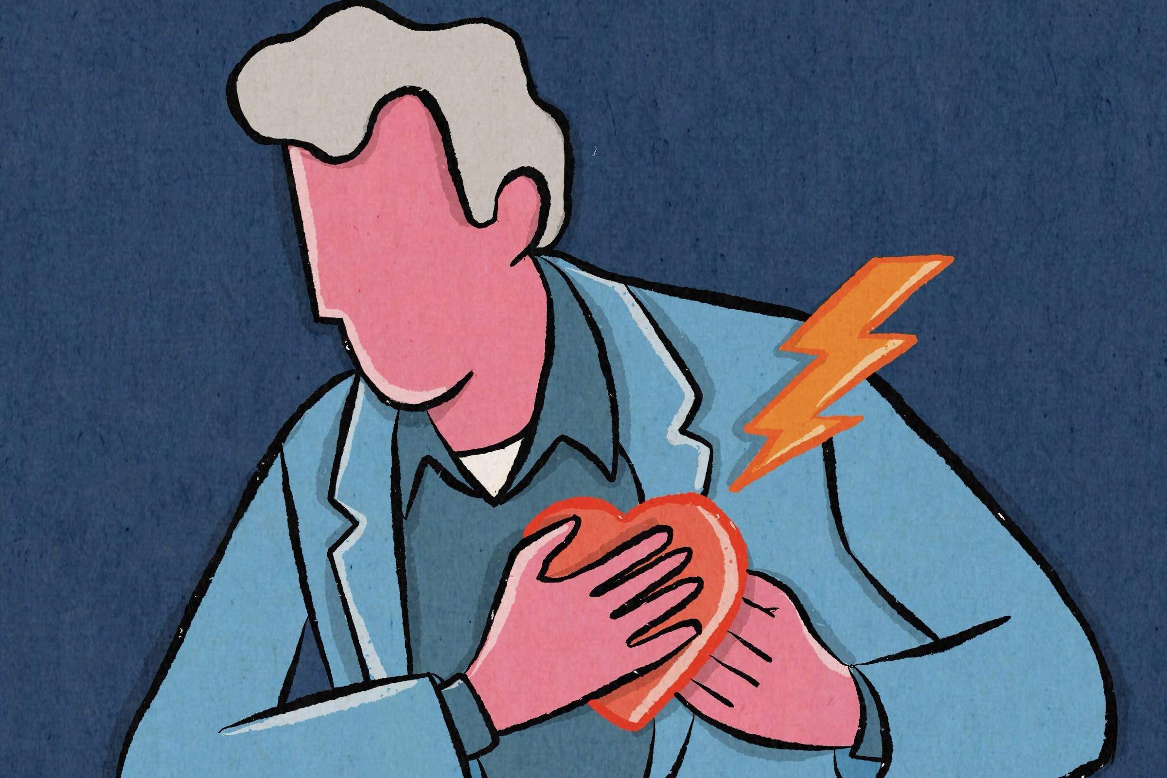 A ilustração mostra uma figura estilizada de pele rosa e terno azul, com expressão corporal de dor enquanto segura um coração vermelho no peito, de onde parte um raio laranja e amarelo que simboliza um ataque cardíaco. O fundo azul-escuro e o uso de cores vibrantes, contornos marcados e textura de papel