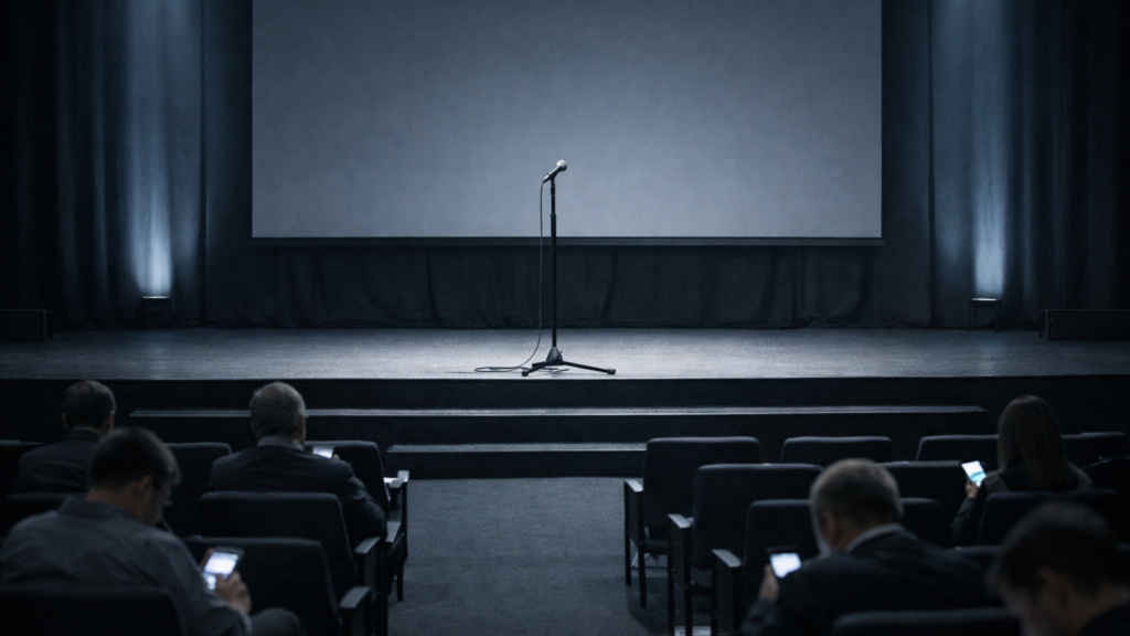 Palco de auditório corporativo vazio com microfone ao centro, enquanto parte da plateia sentada olha para celulares, indicando desatenção e excesso de fala no evento.
