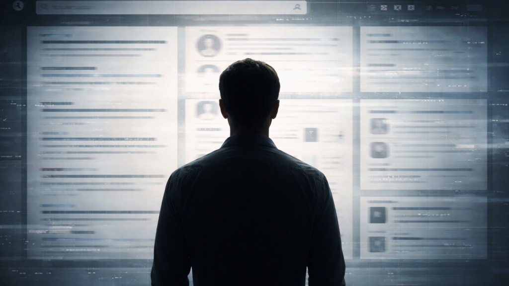 Homem de costas observa uma interface digital com resultados de busca desfocados, simbolizando a construção da reputação digital a partir de registros online.