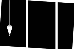 Ilustração em preto sob fundo branco de um fio de prumo contrasta com um fundo escuro desalinhado.