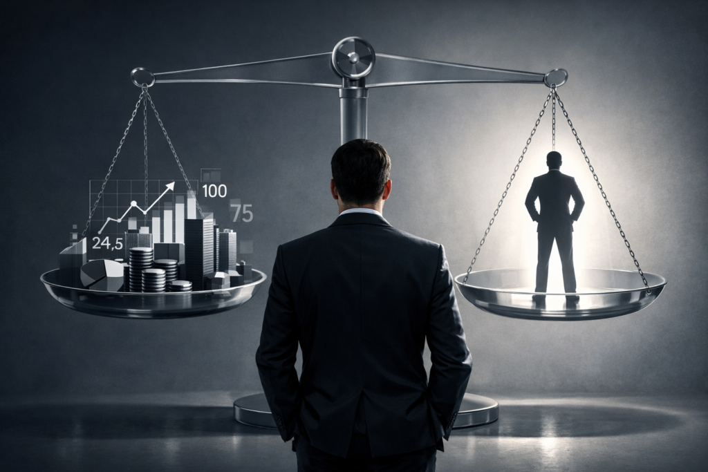 Executivo observa uma balança simbólica entre indicadores financeiros do negócio e a figura da liderança, representando o valuation pessoal como base do valor empresarial.