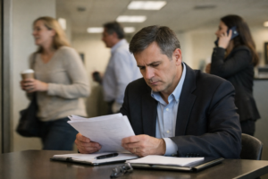 Empresário concentrado analisando documentos em ambiente corporativo, enquanto profissionais conversam e falam ao telefone ao fundo.