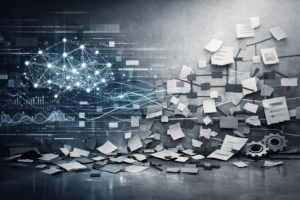 Representação visual da inteligência artificial operando sobre processos desorganizados, com redes digitais avançadas contrastando com fluxos fragmentados de documentos, simbolizando a automação de falhas estruturais.