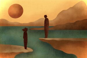 A imagem apresenta uma ilustração com estilo artístico minimalista, dominada por tons quentes e suaves. O cenário retrata um ambiente natural, possivelmente um lago ou mar, cercado por montanhas onduladas ao fundo. O céu está pintado com tons de laranja e amarelo, sugerindo o momento do pôr do sol. Em destaque, duas figuras humanas em forma de silhuetas escuras aparecem em margens opostas de um penhasco ou plataforma de terra. Elas parecem se encarar à distância, separadas por um abismo ou corpo dágua. A figura à esquerda, aparentemente feminina, com o cabelo preso, está em uma posição mais baixa e distante do observador. Já a figura à direita, mais elevada, mantém uma postura ereta voltada para a outra. O grande sol alaranjado no canto superior esquerdo reforça a atmosfera de entardecer. A paleta de cores varia entre laranja, marrom, verde e azul-esverdeado, com uma textura que lembra papel envelhecido ou granulado, conferindo um aspecto rústico e contemplativo. A composição transmite uma sensação de distância emocional ou física entre os personagens, mesmo em meio à tranquilidade da paisagem, sugerindo uma reflexão sobre separação, solidão ou a dificuldade de conexão entre duas pessoas.