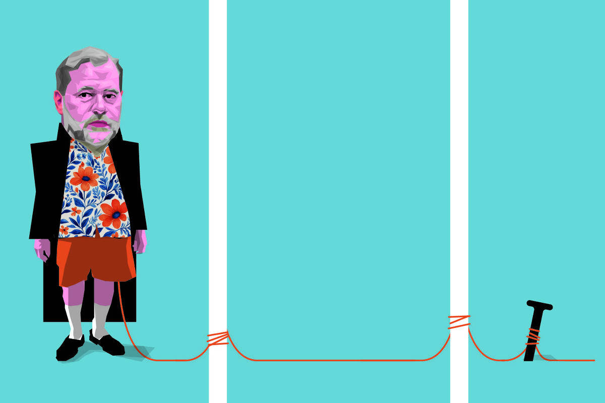 Caricatura Dias Toffoli, Ministro do Supremo Tribunal Federal, com cabelo e barba grisalhos, veste camisa florida, bermuda vermelha e casaco preto. Ele está amarrado por um cordão vermelho que conecta seu tornozelo a uma estaca fincada no chão, sobre fundo azul claro.