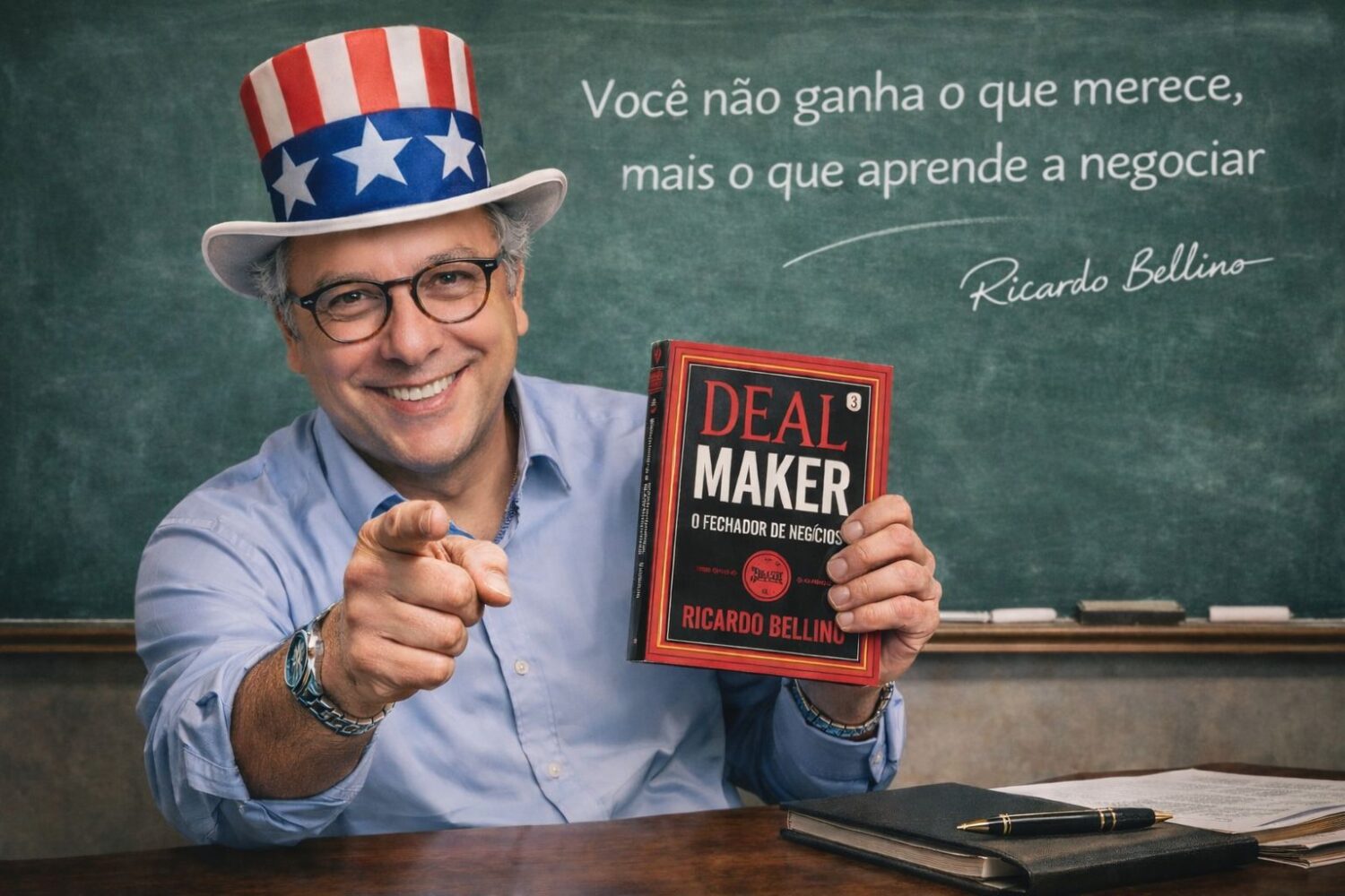 Ricardo Bellino, fundador da Dealmakers Academy, durante registro simbólico que conecta educação, negociação estratégica e narrativa internacional.