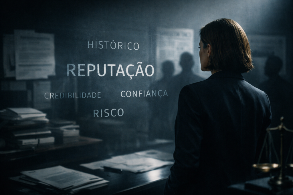 Executivo em ambiente corporativo escuro, simbolizando decisões silenciosas, risco reputacional e o peso jurídico da reputação na avaliação de negócios e contratos.