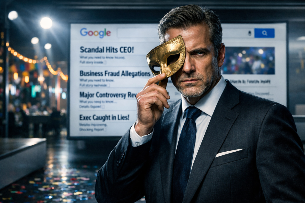 Executivo de terno segurando máscara de carnaval dourada diante de tela com resultados negativos no Google.
