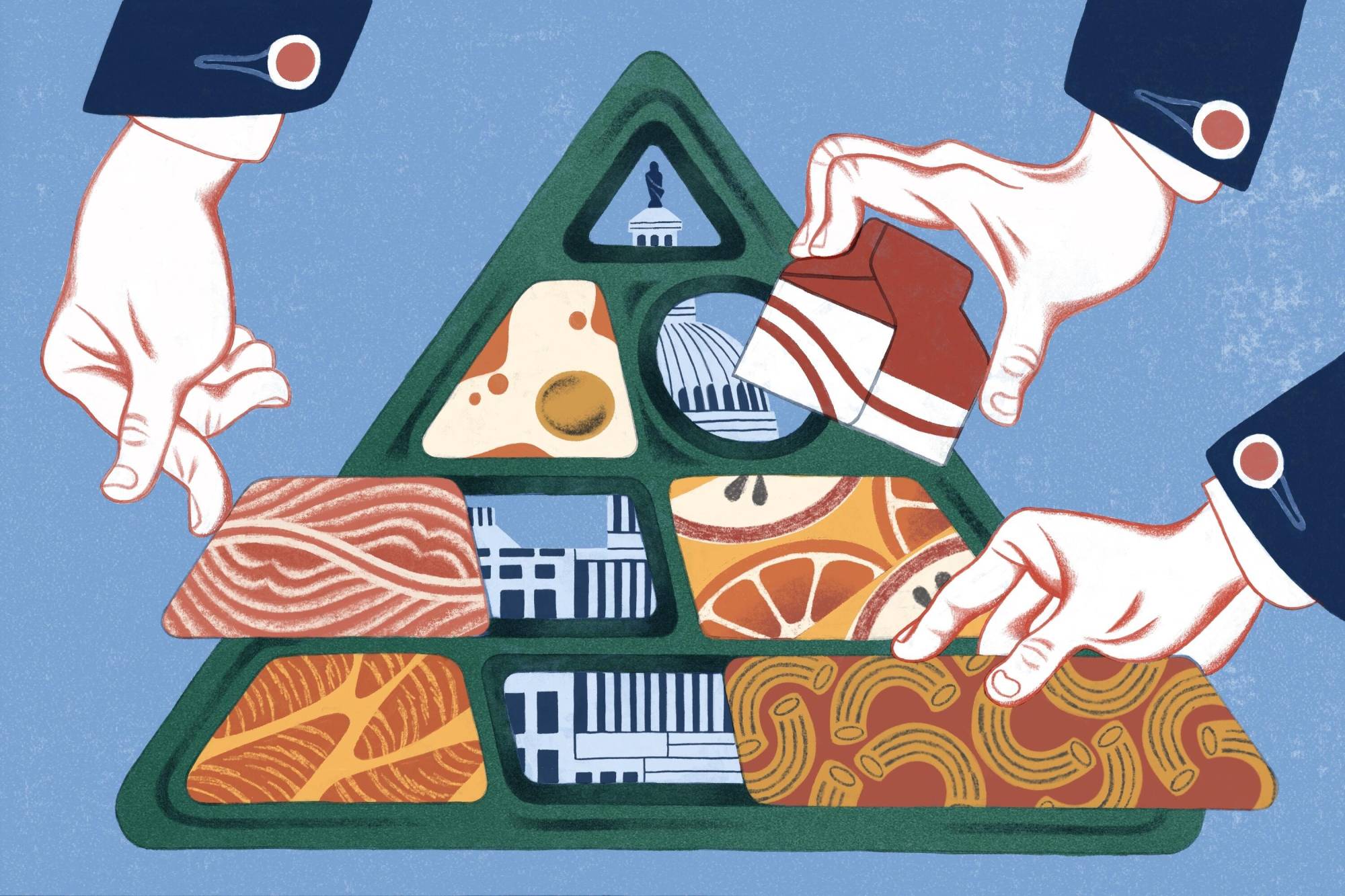 Illustration of hands reorganizing the food pyramid, with a federal building in the background.