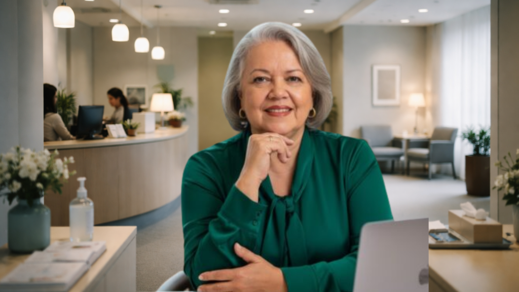 Mulher madura sentada em ambiente de atendimento moderno, com expressão serena e confiante, representando respeito, acolhimento e dignidade no atendimento ao cliente.