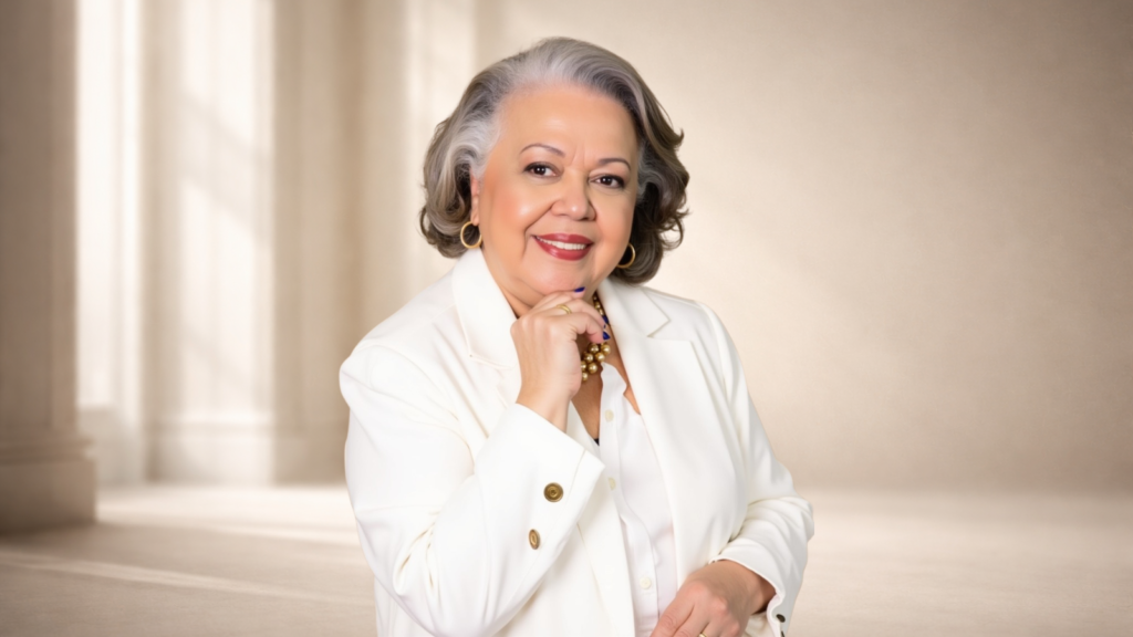 Myrinha Vasconcellos em retrato institucional, vestindo blazer branco, representando o conceito de longevidade ativa e protagonismo feminino.