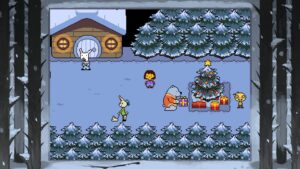 undertale-cena-natalina-em-pixel-art-com-personagens-ao-redor-de-arvore-de-natal-no-jogo-indie