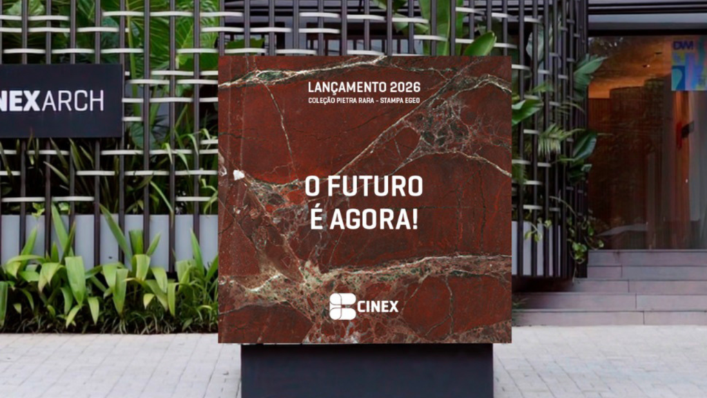 Painel da Cinex na DW! Semana de Design de São Paulo anuncia o lançamento 2026 da coleção Pietra Rara com a mensagem “O futuro é agora”.