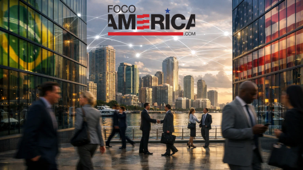 Conexão empresarial entre Brasil e Estados Unidos em ambiente corporativo em Miami