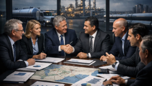 Executivos do setor de combustíveis reunidos em negociação estratégica com refinaria e caminhão-tanques ao fundo.